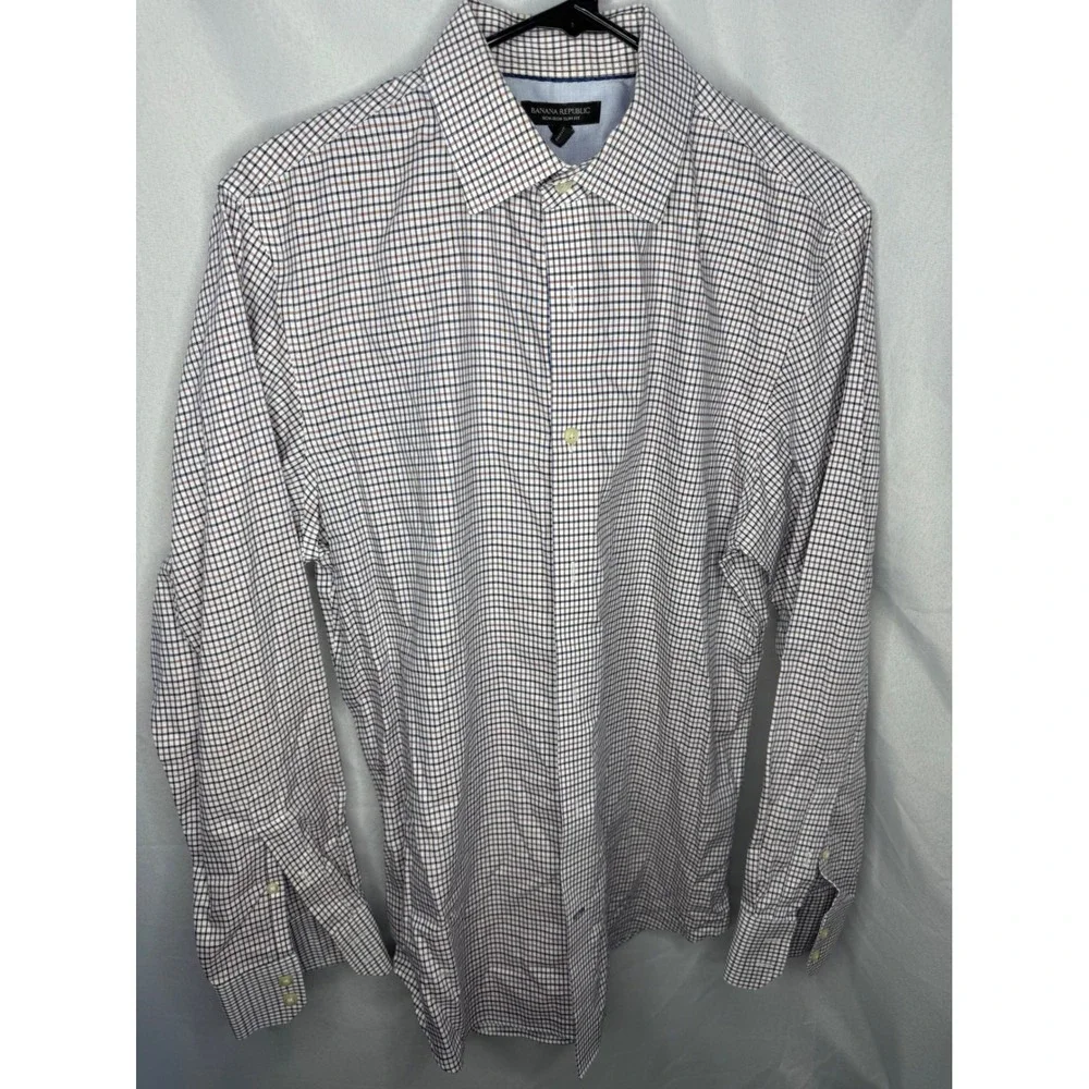 Banana Republic Mens Non-Iron Slim Fit Tattersall Check Button Down Shirt Blue M